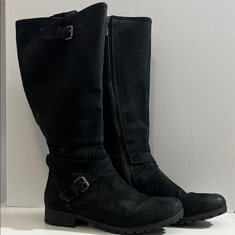 Hotter Black Nubuk and Leather Silver Buckle Winter Boots